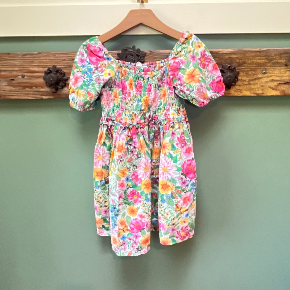 Angela McKay x H&M Girls Floral Smocked Organic Cotton Puff Sleeve Dress Size 6